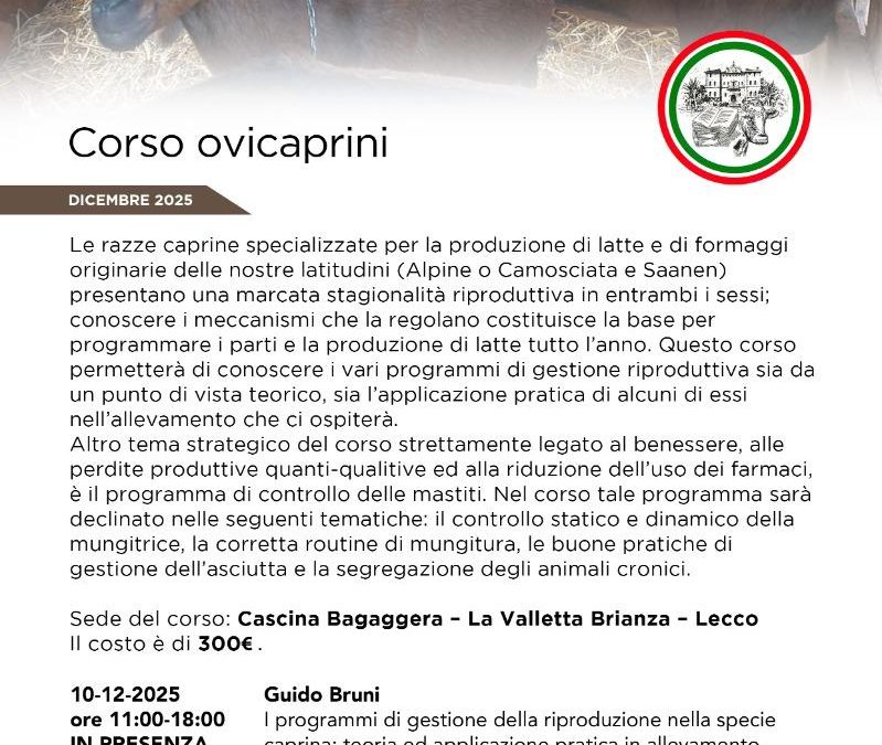 A dicembre Corso ovicaprini a cura del Polo di Formazione per lo Sviluppo Agro Zootecnico